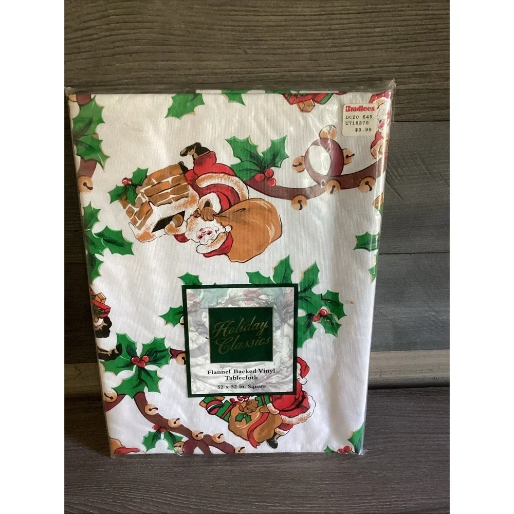 Holiday Classics Santa Christmas Flannel Back Vinyl Tablecloth 52 x 52 Vintage